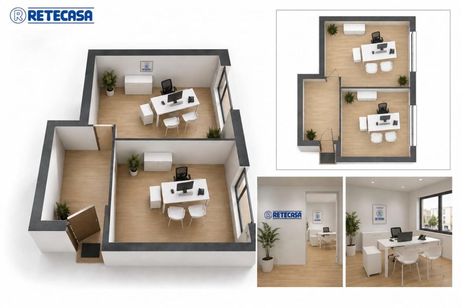 Planimetria e render dell'agenzia immobiliare Retecasa: layout 40-45 mq, 2 stanze operative, arredo bianco
