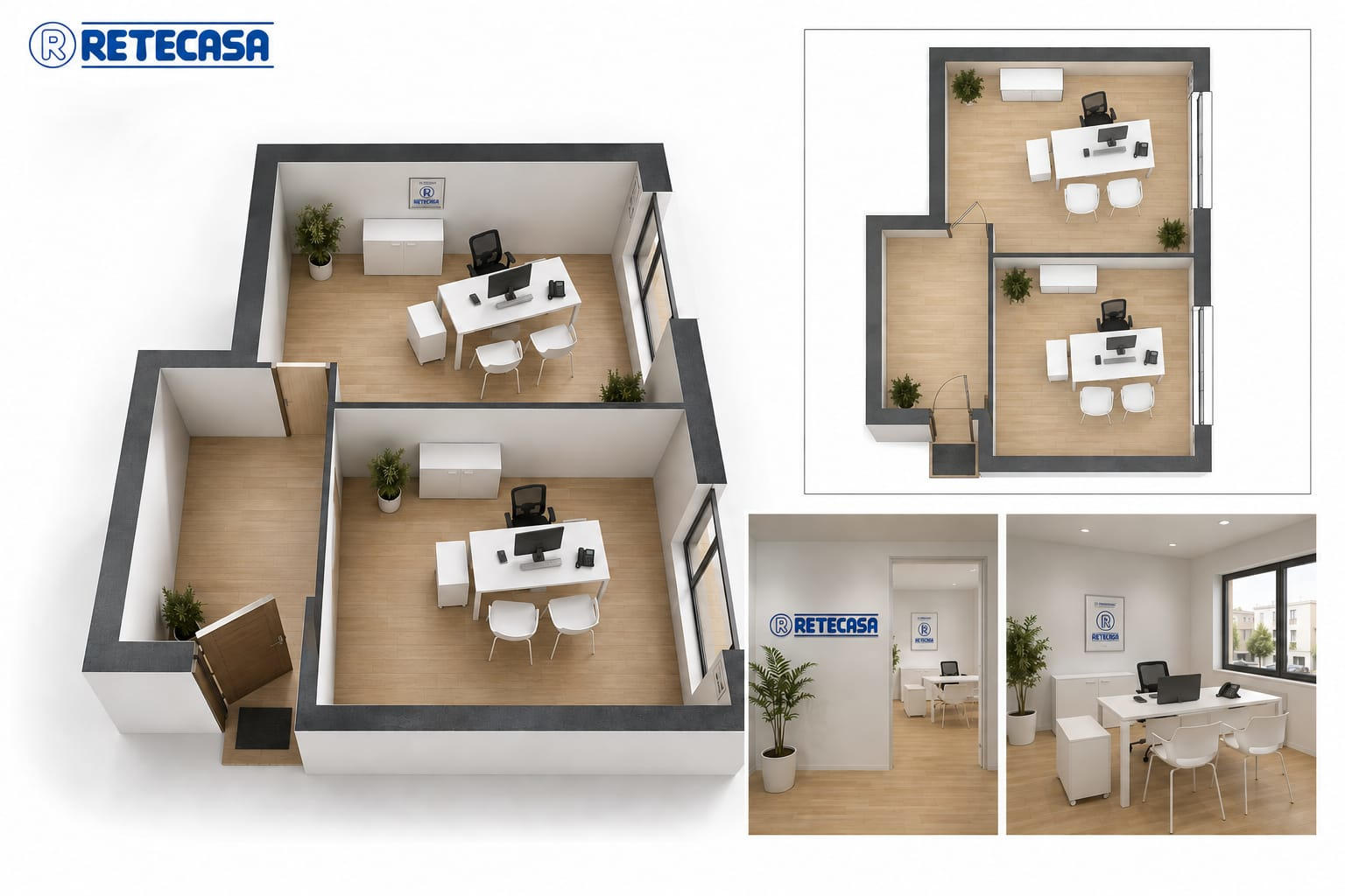Planimetria e render dell'agenzia immobiliare Retecasa: layout 40-45 mq, 2 stanze operative, arredo bianco